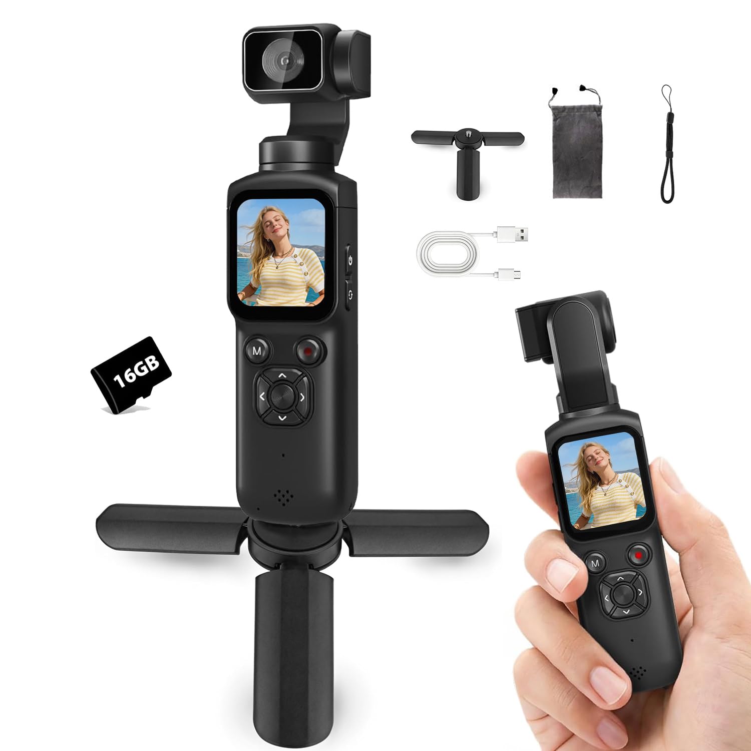 Fotocamera 4K Vlogging con obiettivo rotante a 330° e tracciamento facciale, fotocamera digitale tascabile portatile per YouTube TikTok con WiFi, include scheda da 16 GB, treppiede e borsa per