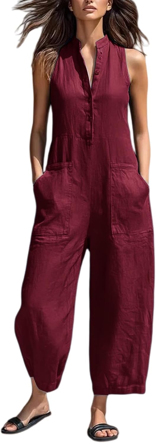 Womens Linen Jumpsuits Stand Collar Sleeveless Button Down Casual Jumpsuit Wide Legs Rompers Overalls Vacation Outfits