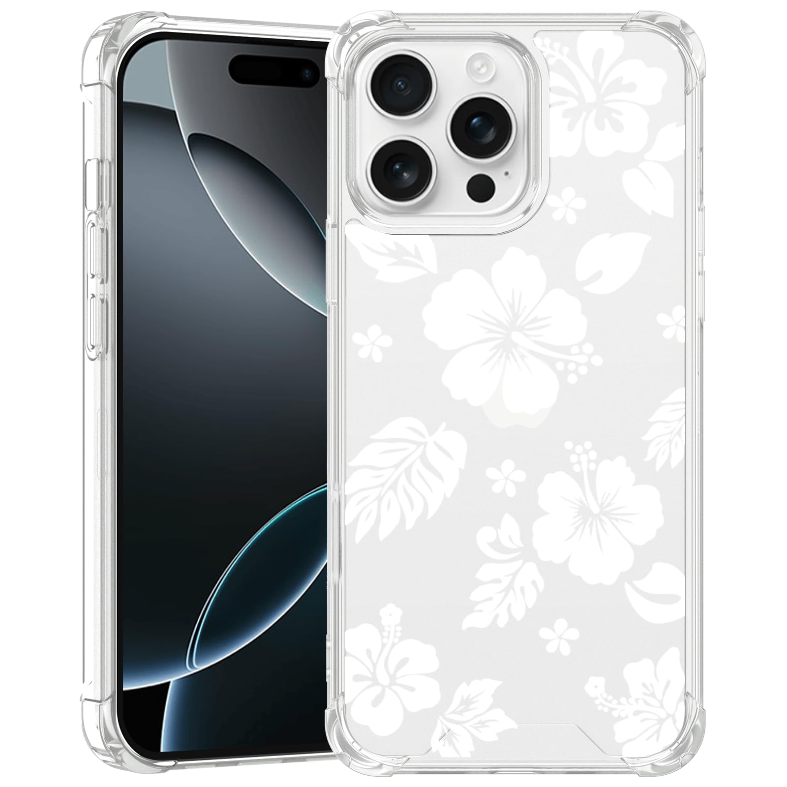 Axulimin for iPhone 16 Pro Case Cute Kawaii White Hibiscus Hawaiian Flower Floral Aesthetic Clear Phone Case for Girls Preppy Women -6.3Inch