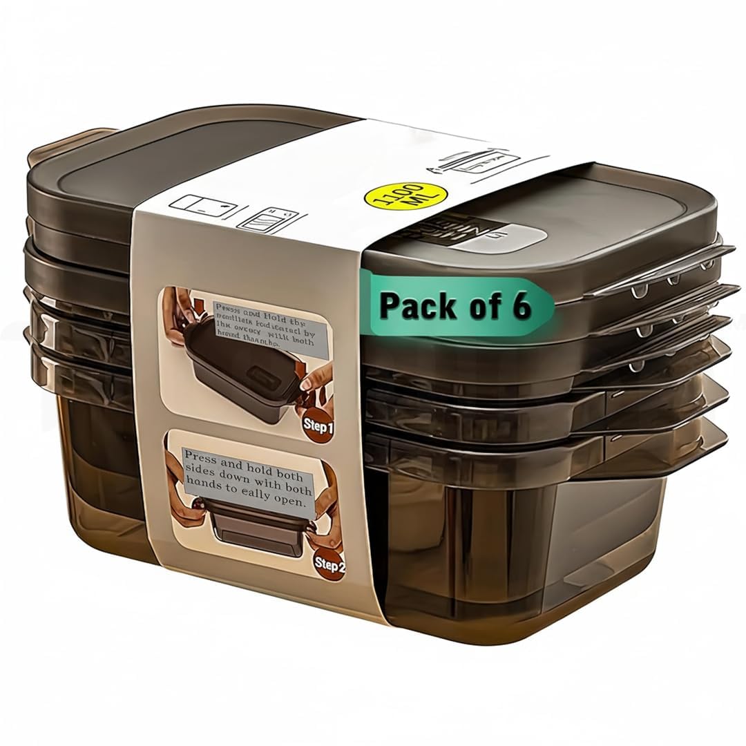 Zuvoxi Set of 6 Meal Prep Food Storage Containers 1200ml | Airtight, Leakproof, & Stackable BPA-Free Plastic Fridge Organizer Boxes for Kitchen & Freezer