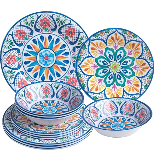 ZAROCRUS Melamine Dinnerware Sets, 12-Piece Dinner Dishes Set for 4, Durable & Non Breakable Plates Bowls Set, Shatterproof BPA-Free Dishware for Outdoor Dining,Picnic,Camping,RV–Paisley Design ZAROCRUS Melamine Dinnerware Sets, 12-Piece Dinner Dishes Set for 4, Durable & Non Breakable Plates Bowls Set, Shatterproof BPA-Free Dishware for Outdoor Dining,Picnic,Camping,RV–Paisley Design