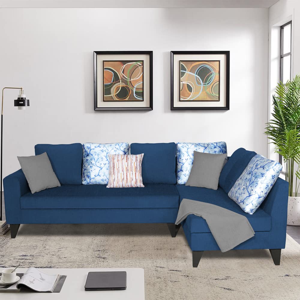 Adorn India Bryson L Shape 6 Seater Sofa Set Digitel Print (Right Hand Side) (Blue)
