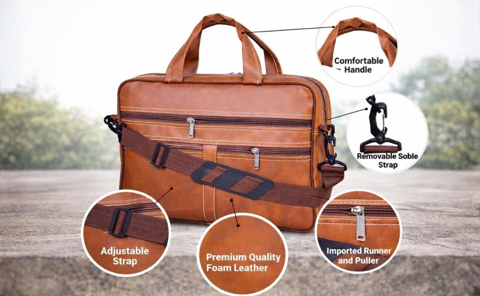 Image of Vegan Leather Laptop Messenger Bag for Men & Women, 15.6 Inch Office Shoulder Bag with 6 Pockets, Adjustable Strap, PU Leather Business Laptop Bag for Work, Travel & College, Rust Color