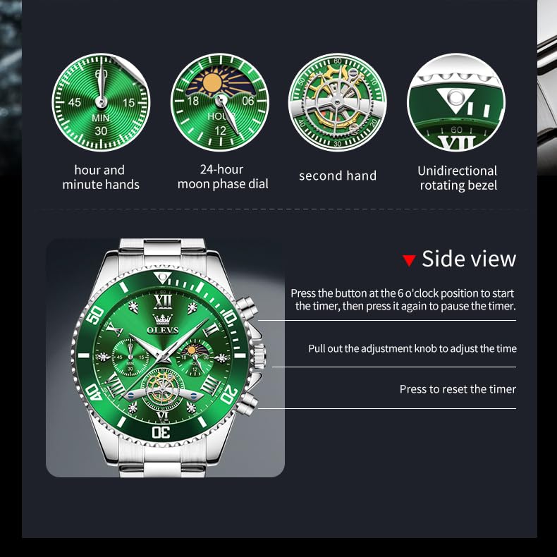 Image of OLEVS Mens Watches Chronograph Luxury Dress Moon Phase Two Tone Stainless Steel Waterproof Luminous Business Calendar Wrist Watch