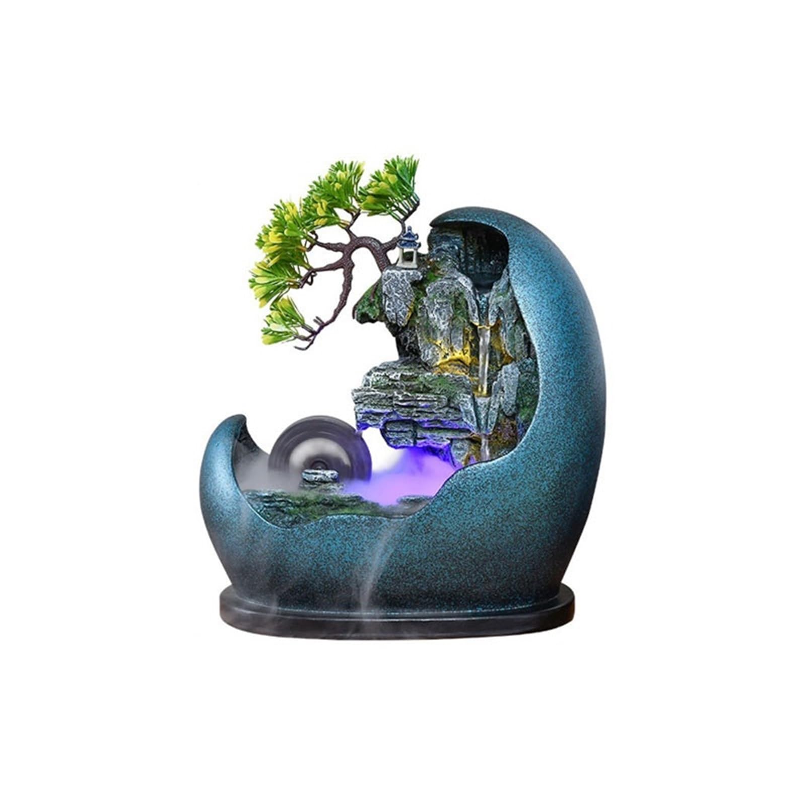 Water Feature Tabletop Waterfall Fountain – Adjustable Pump or Faux Bonsai Tree, Resin Indoor Desk Décor Indoor Fountains