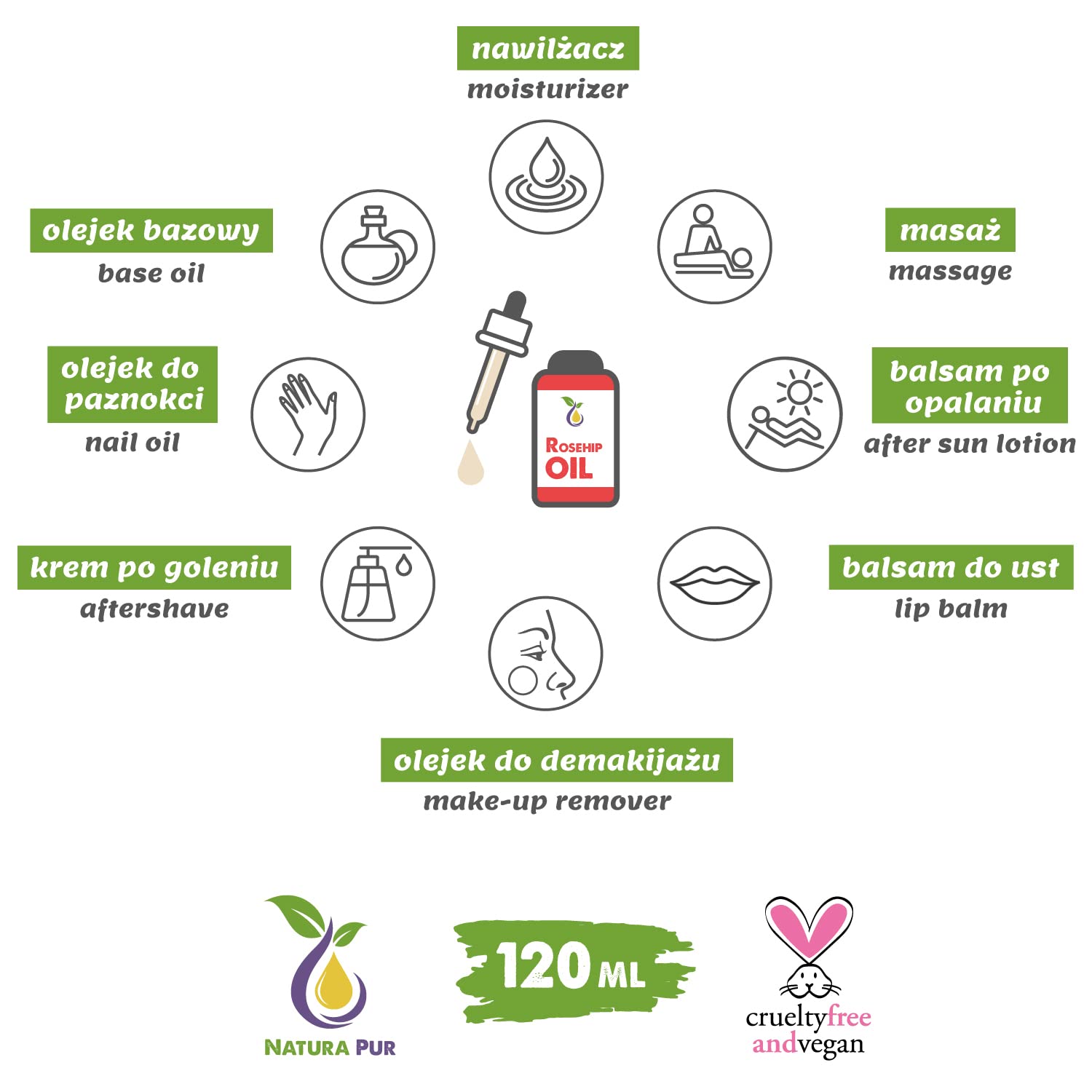 Olejek z Dzikiej Róży 120ml - 100% organiczny, tłoczony na zimno, wegański - do twarzy, ciała, włosów, skóry, rąk, skóry głowy - Rosehip Oil