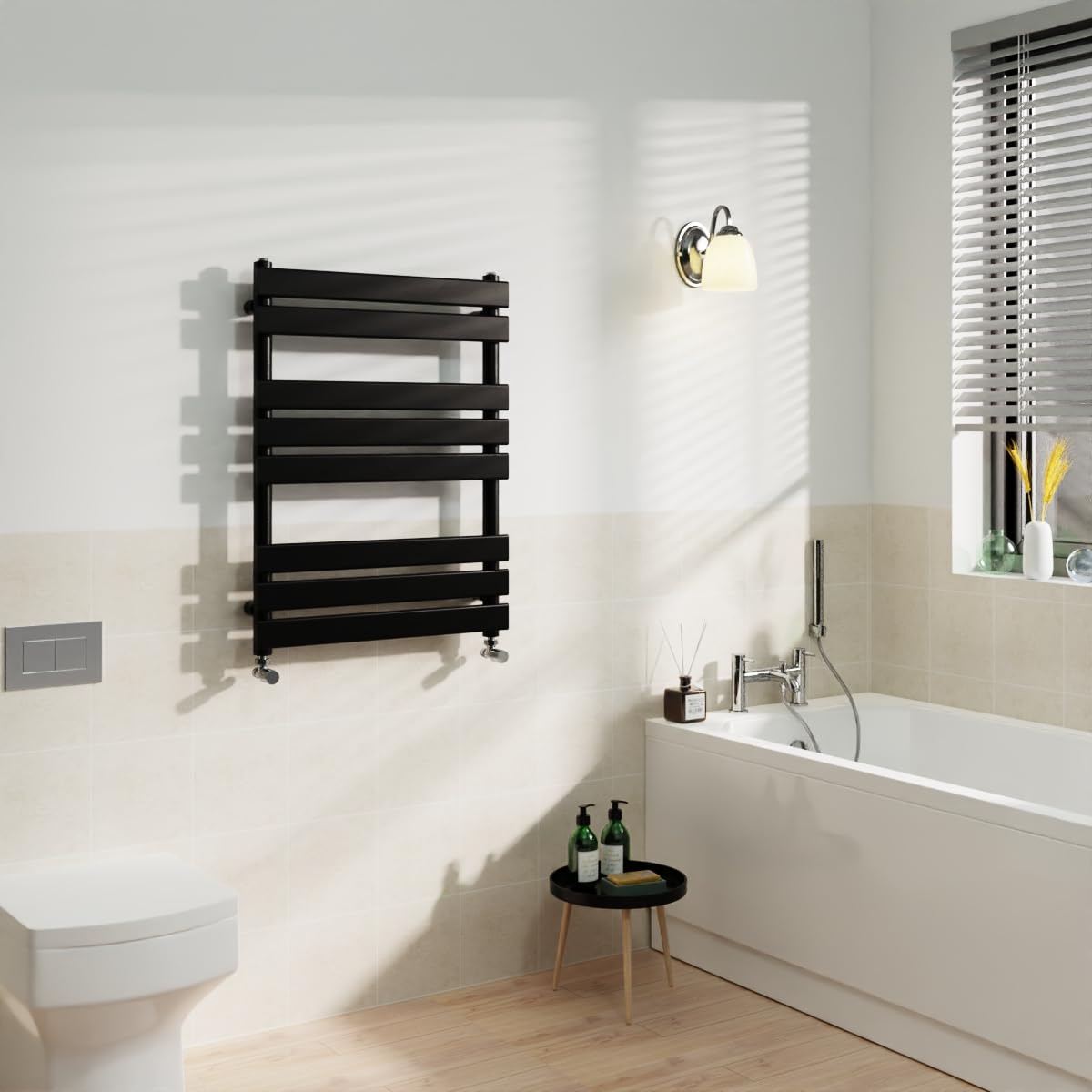 Warmehaus Black Flat Panel Heated Towel Rail Radiator Ladder Rad Central Heating Towel Warmer For Bathroom Kitchen 800X600mm