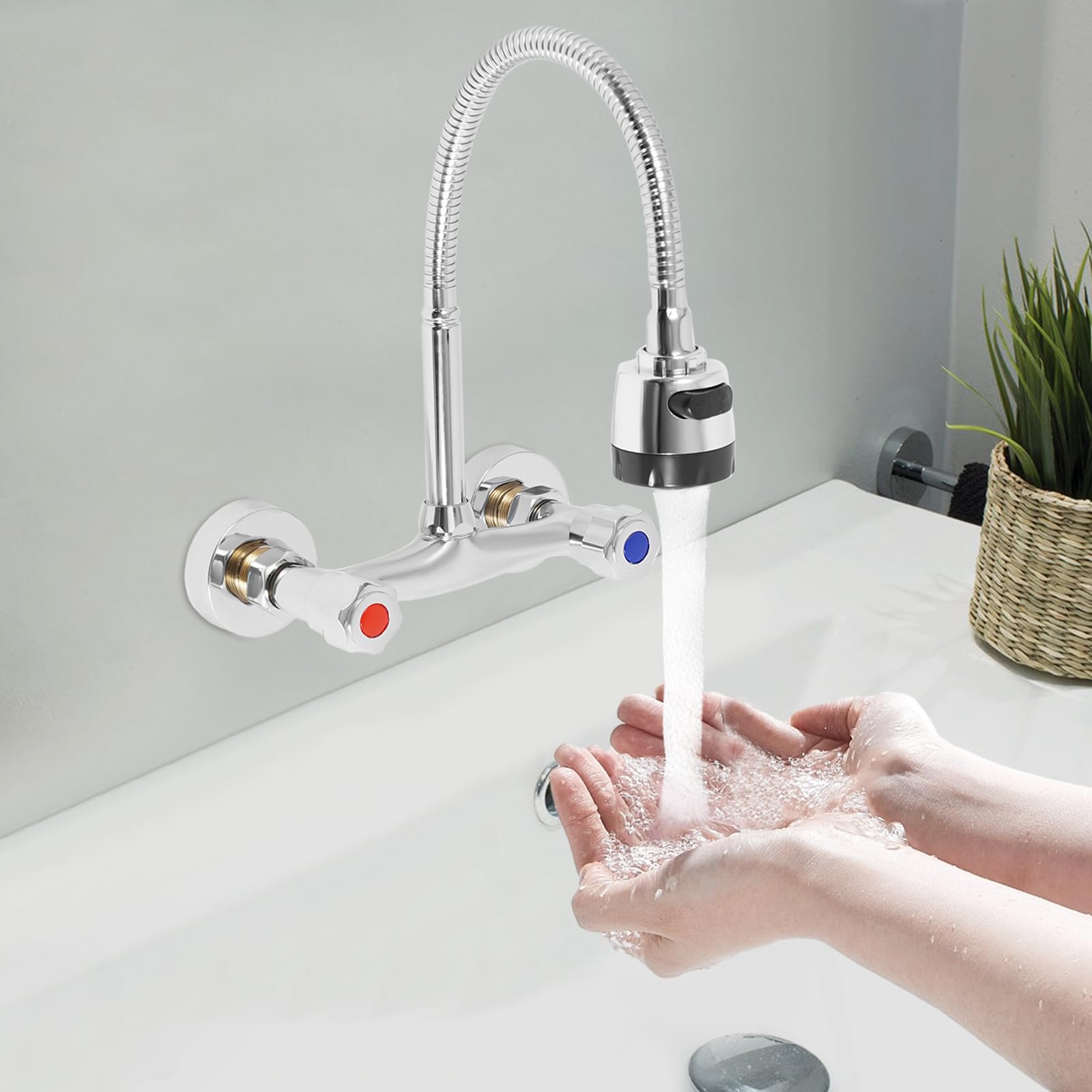 Edelstahl Küchen-Wasserhahn Zur Wandmontage – Mit 360° Schwenkarm, 2 Strahlarten & Spritzdusendem Auslauf