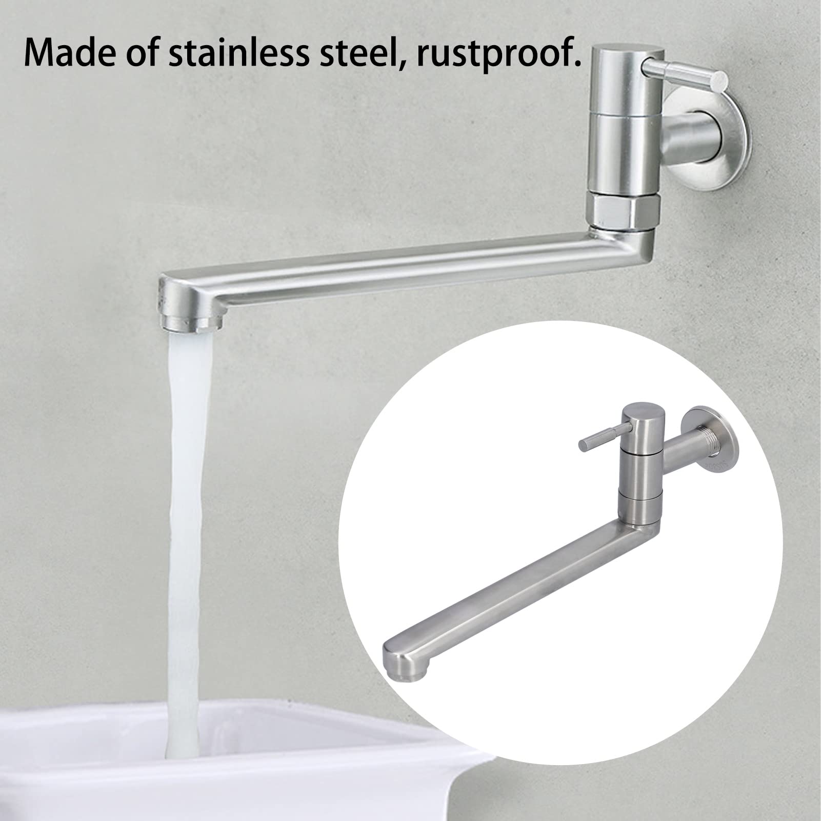 Grifo de Baño y Cocina de Pared G1/2 - Acero Inoxidable, Montado en la Pared, 360° Caño Giratorio Alargado para Lavabos, Fregaderos, Piscinas y Balcón