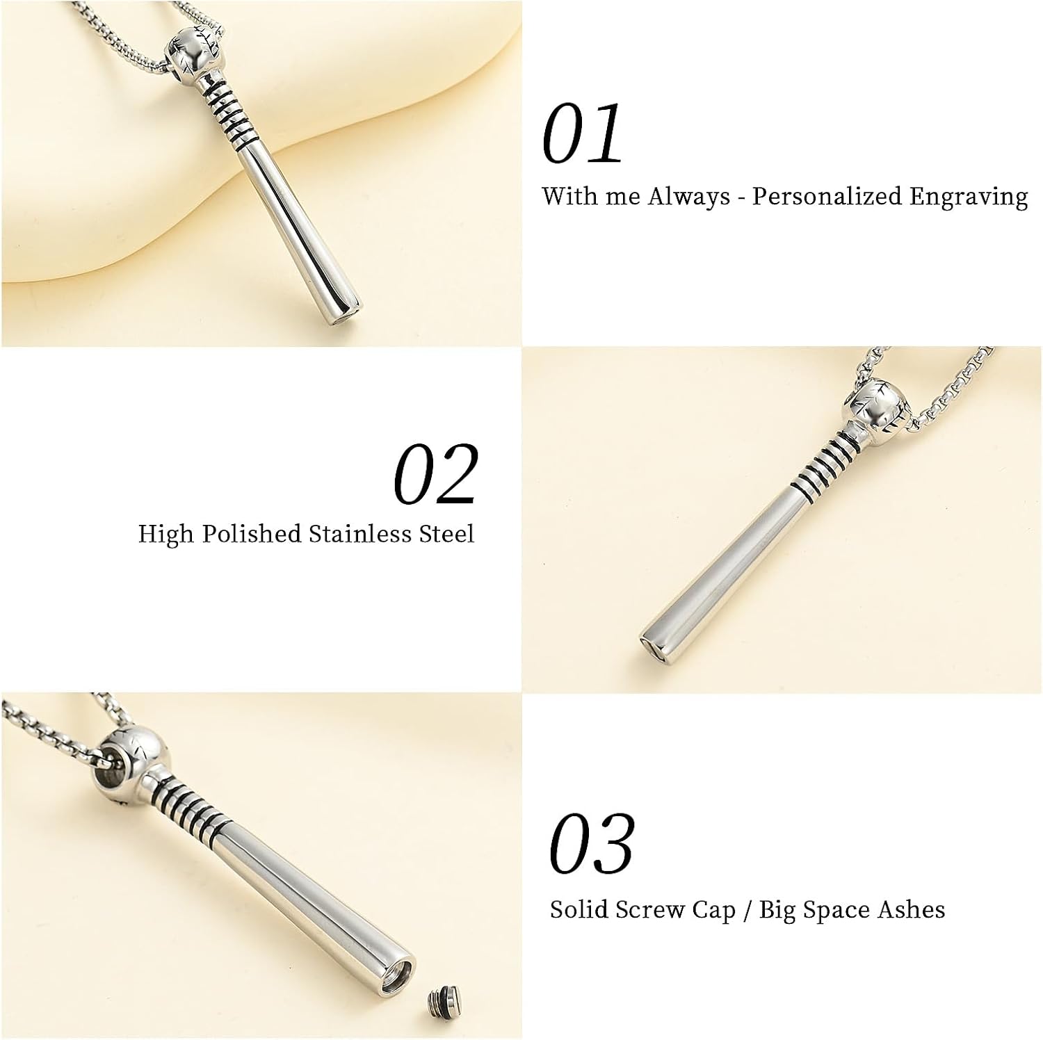 Oinsi Urn Necklace for Ashes Sport Keepsake Jewelry for Women Men Baseball Bat Cremation Urn Necklace Memorial Pendant with Filling Kits - Image 3