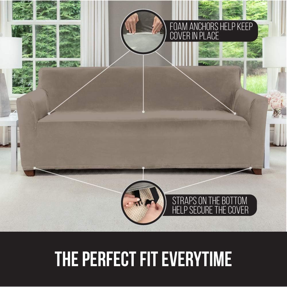 Gorilla Grip Original Fitted Velvet 1 Piece X-Large Oversized Sofa Protector, Seat Width to 78 Inch, Stretch Furniture Slipcover, Fastener Straps, Spandex Couch Slip Cover Throw for Dogs, Sofa, Beige