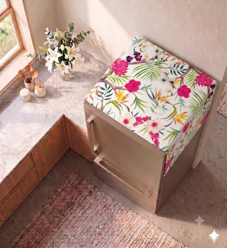 Image of Double Door Fridge Top Cover for 250-400L | Medium Size Refrigerator Cover | Washable Floral Print | Dustproof Fridge Mat for Double Door Models | Fridge Cover by THROWPILLOW.IN