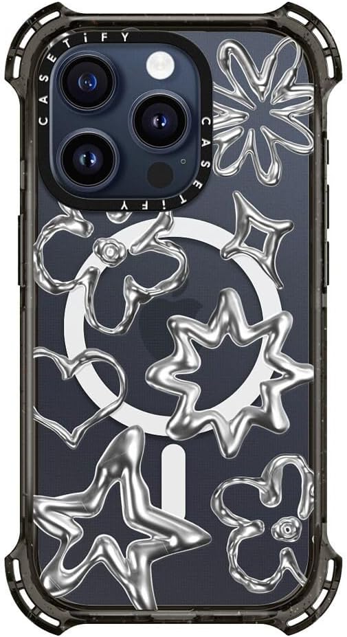 CASETiFY Bounce iPhone 15 Pro Case [6X Military Grade Drop Tested / 21.3ft Drop Protection/Compatible with Magsafe] - Stars Prints - Chrome Doodles - Clear Black