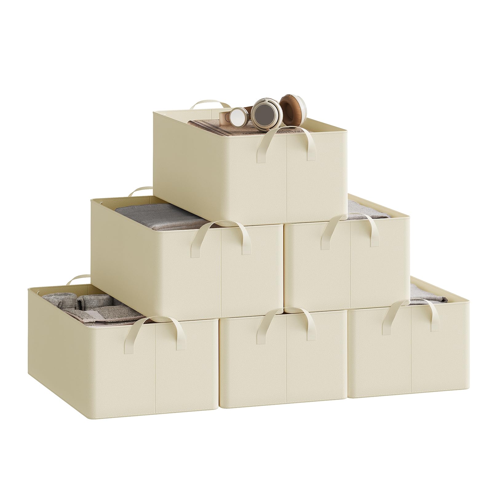 Woltu Cream Set Of 6 Foldable Storage Boxes, Fabric Storage Baskets With Handles, Wardrobe Storage Organisers, Clothes Storage Boxes For Shelves, 47X28x20cm