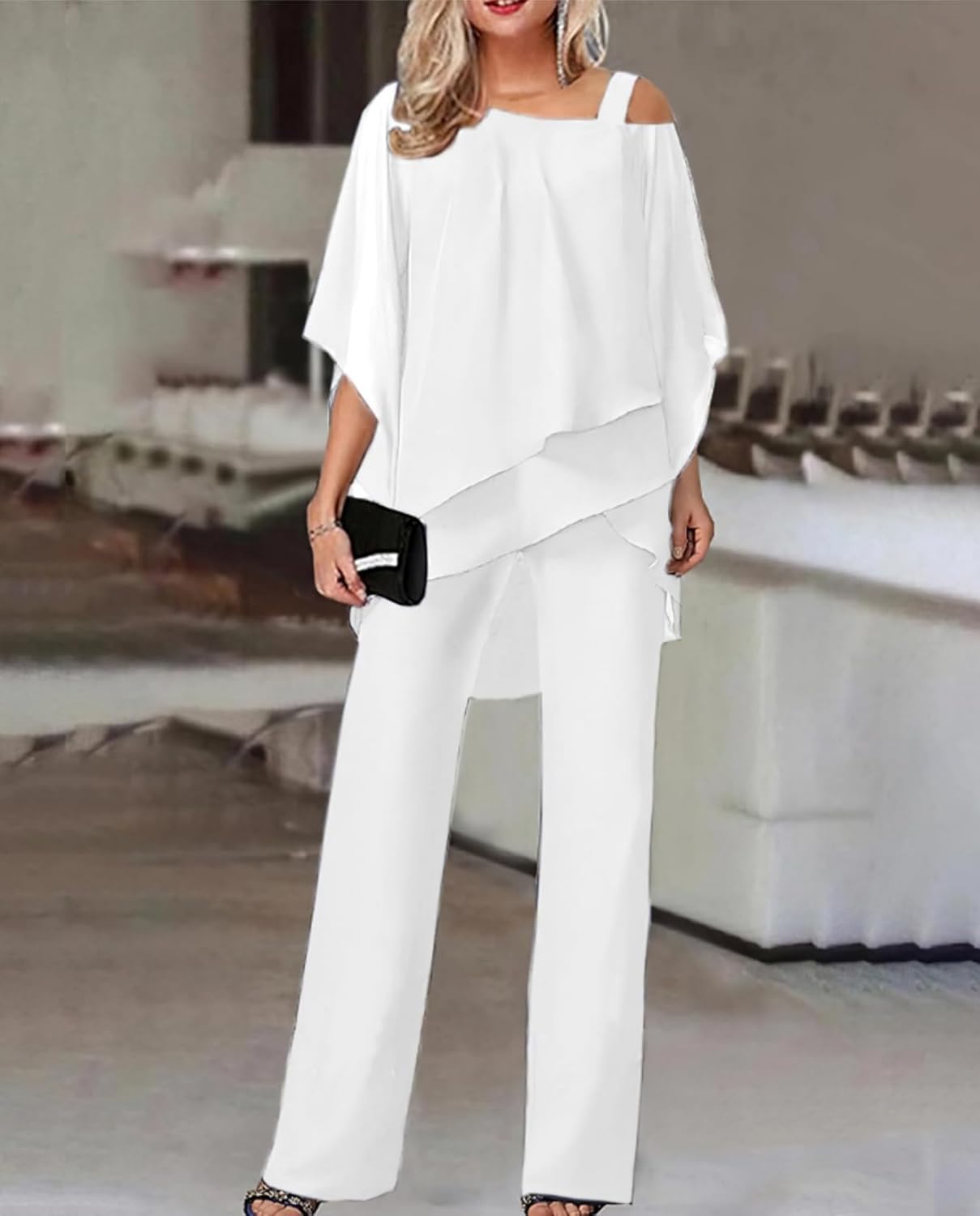 Vestidos de Novia Transpirables de Dos Piezas de Primavera y otoño para Mujer Traje de Trabajo para Fiesta de Boda Traje Informal de Gasa Irregular Conjunto de Pantalones Anchos