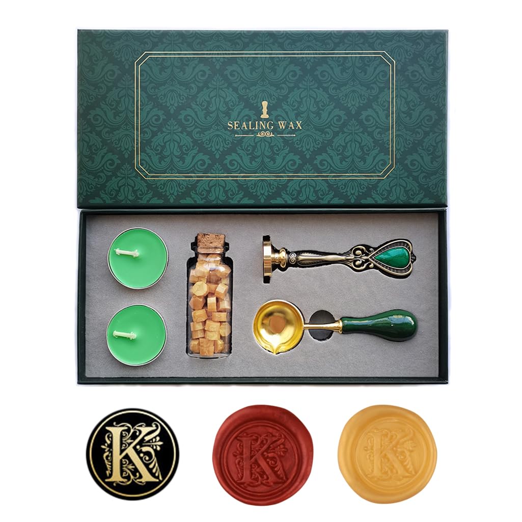 Letras de fantasía K Sello de Cera Sello Set, AMTOL estilo europeo Sello de Cera Sello Kit Caja de Regalo Set, Vintage Personalizado Sello de Cera Sello para Carta Tarjetas Invitaciones (K)