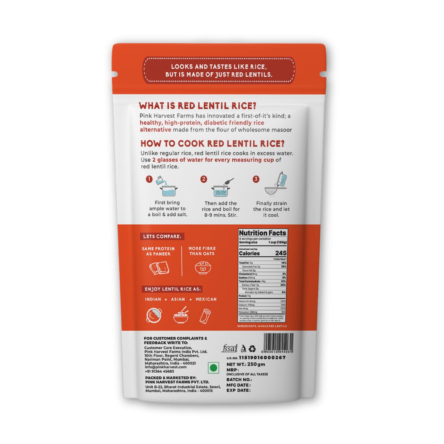 Pink Harvest Farms Red Lentil High Protein Rice | Vegan | Low GI | Diabetic Friendly | Pack of 3 (200g Each) 3