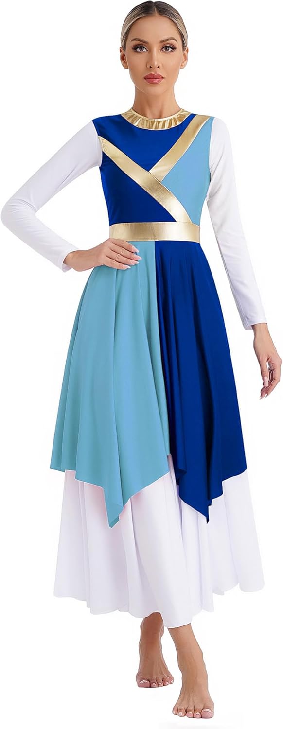 iiniim Women Metallic Color Block Liturgical Dancewear Sleeveless Asymmetrical Hem Praise Dance Dress