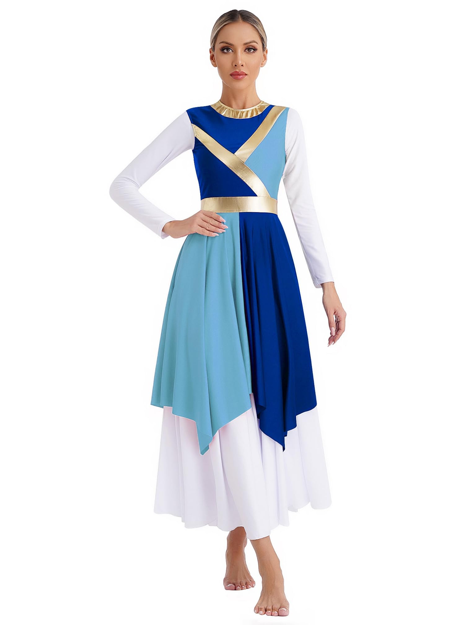 iiniimWomen Metallic Color Block Liturgical Dancewear Sleeveless Asymmetrical Hem Praise Dance Dress