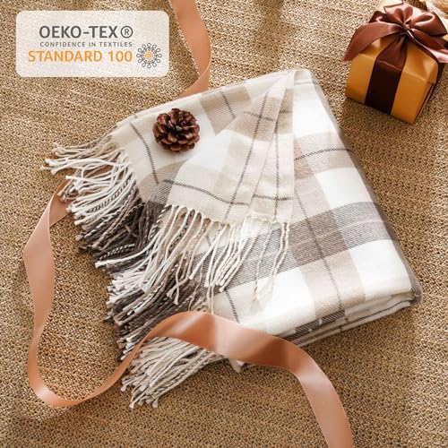BATTILO HOME Fall Plaid Throw Blanket for Couch, Farmhouse Checkered Decor Throw, Lightweight Beige Throw Blankets for Bed Sofa Neutral Fall Decor, 49"x63" by BATTILO HOME - Image 3