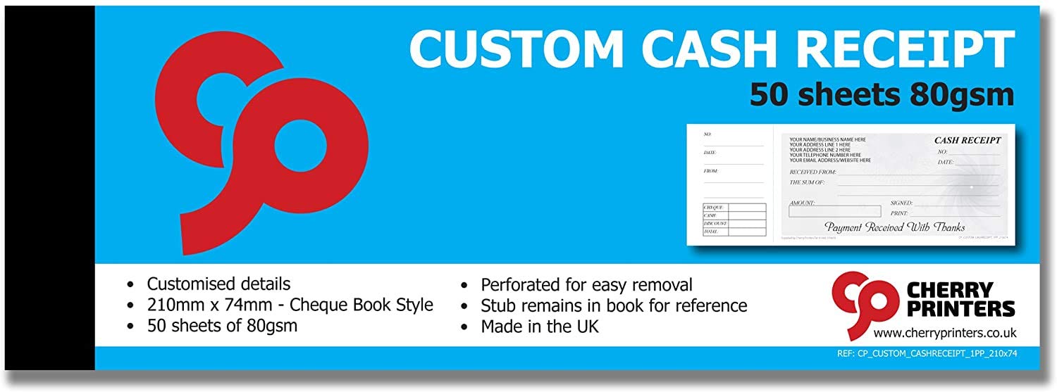 Cherry Cash Receipt Book - Cheque Book Style with stub 210mm x 74mm 50pages 80gsm **Pack of 20**