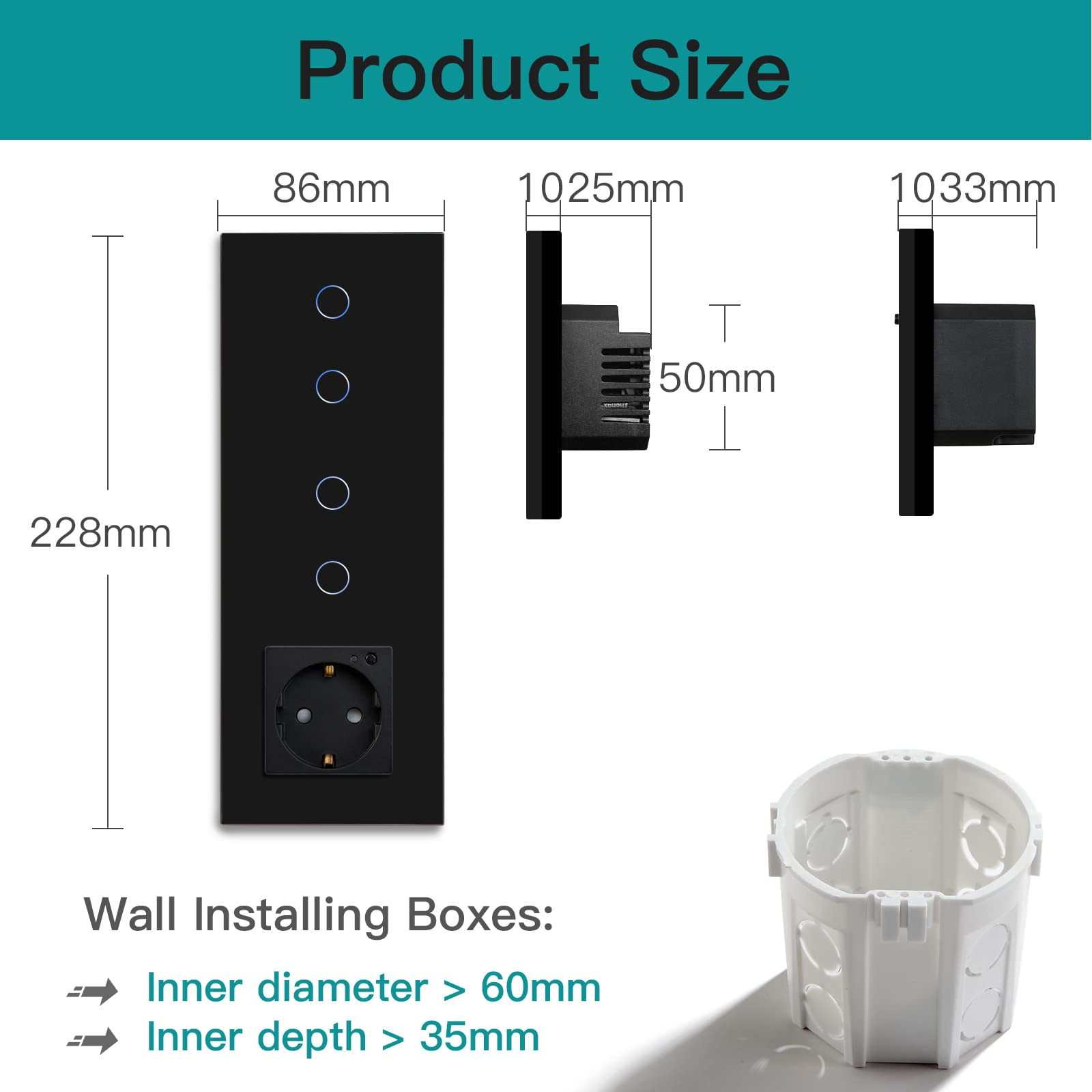 BSEED Schuko WLAN Steckdose mit Single Live Wifi Touch Schalter Wandsteckdose Unterputz Senkrecht aus Glas mit Doppelt Smart Alexa Lichtschalter(Kein Neutralleiter Erforderlich) 2 Fach 1 Weg Schwarz