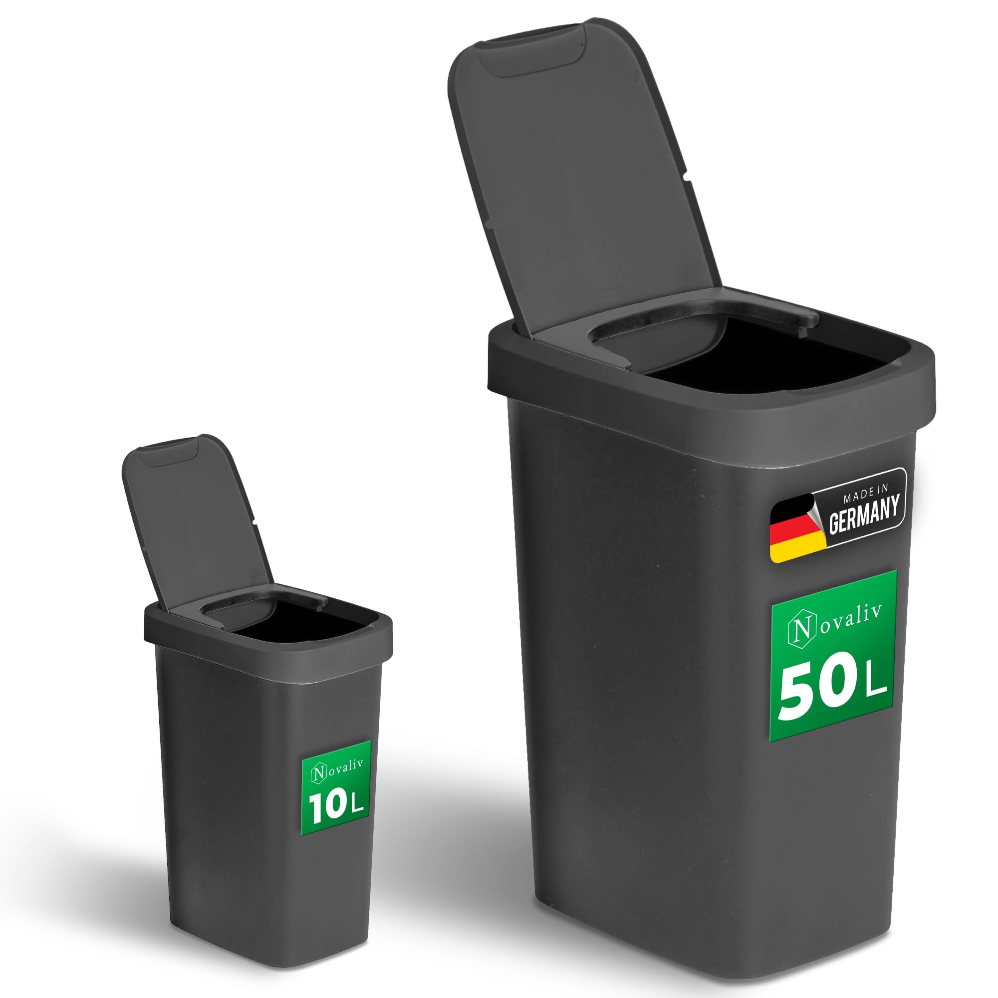 Novaliv Zestaw koszy na śmieci 10 l + 50 l, kosz na śmieci z pokrywą 2 w 1, z pokrywą na zawiasach i uchylną pokrywą, antyzapachowy, do kuchni, domu, biura, kosz na śmieci, kosz na śmieci, kosz na