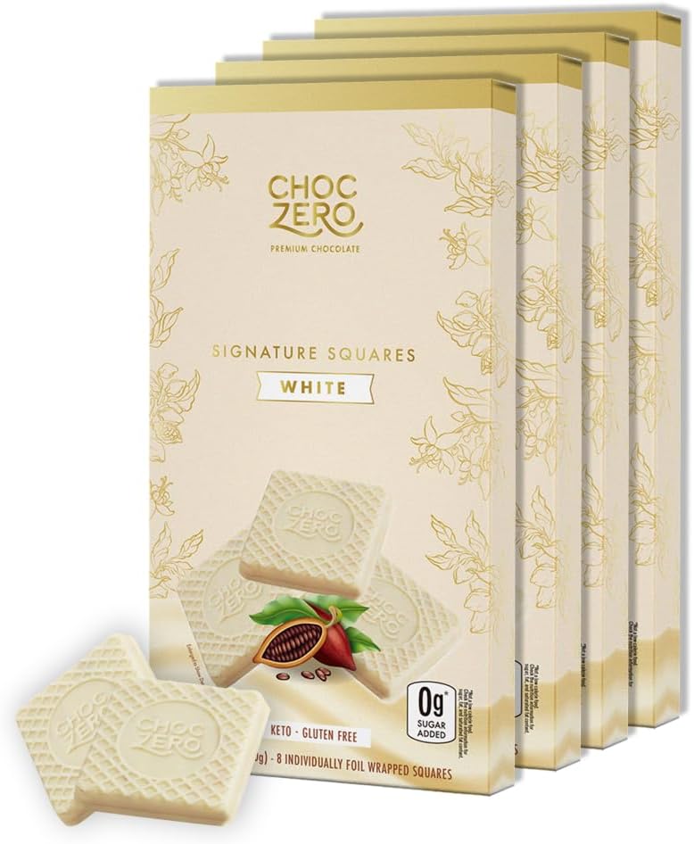ChocZero White Chocolate Squares, No Added Sugar, Smooth & Rich Low Carb Candy, No Sugar Alcohols, No Artificial Sweeteners, 3.2 Ounce (Pack of 4)