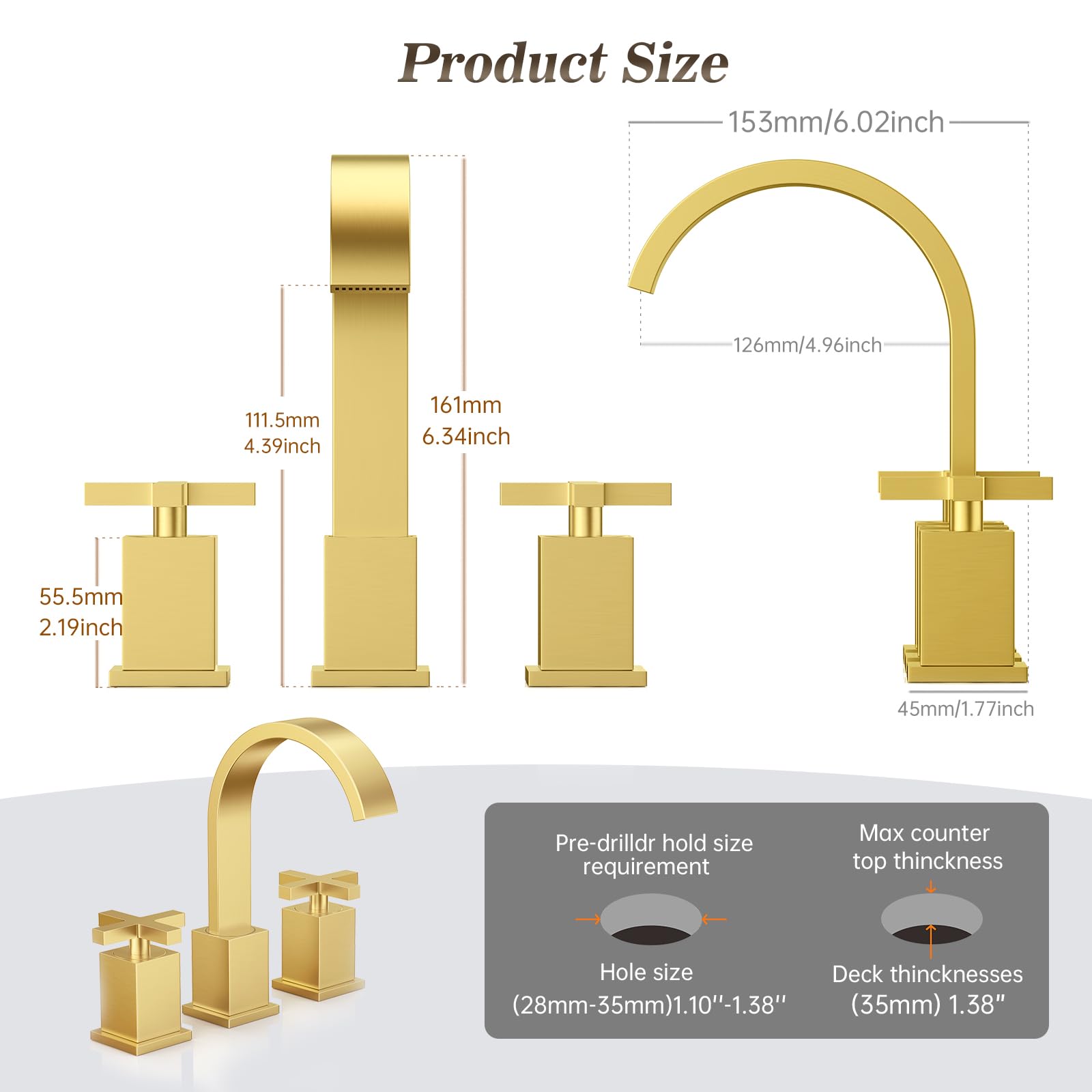 Phiestina Badezimmer Wasserhahn 3-Loch – Gebürstetes Gold, Wasserfall, Mit Metall-Ablauf, 20.3 Cm