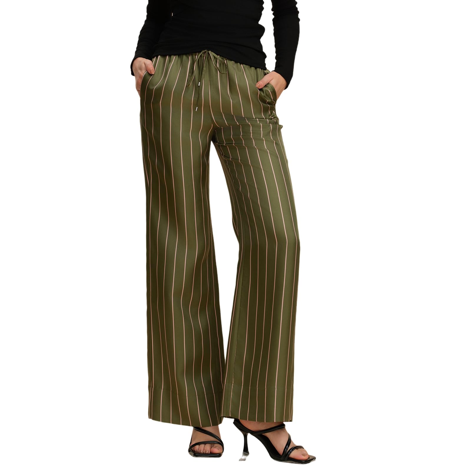 100 Silk Striped Pants for Women Business Casual Flowy Trousers Summer Spring Comfy Office Work Straight Leg Pants
