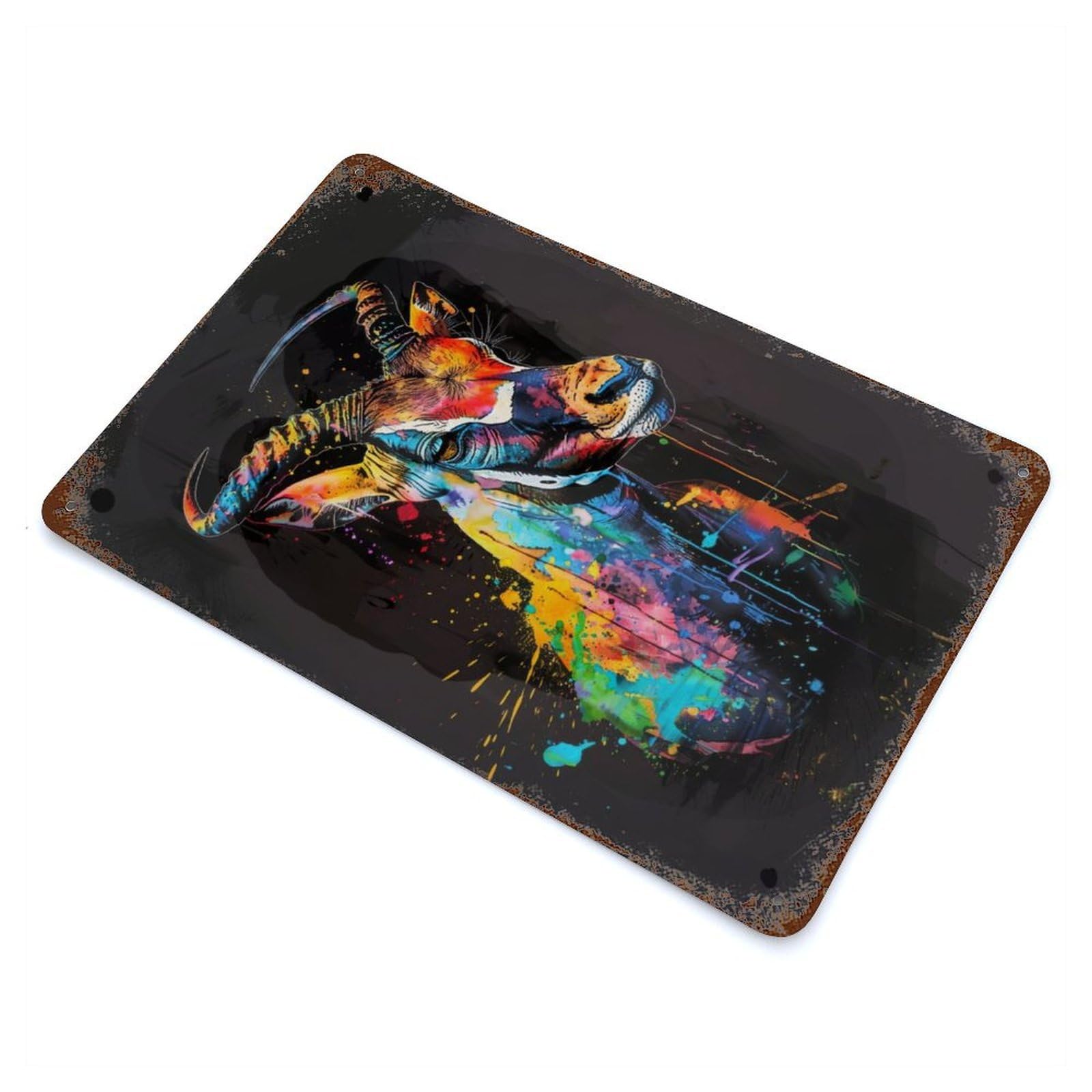Weathered Tin Sign with Antelope Popart Painting Design 11.8"x7.9", for Basement, Hobby Room And Garage Decor, Industrial Home Decor