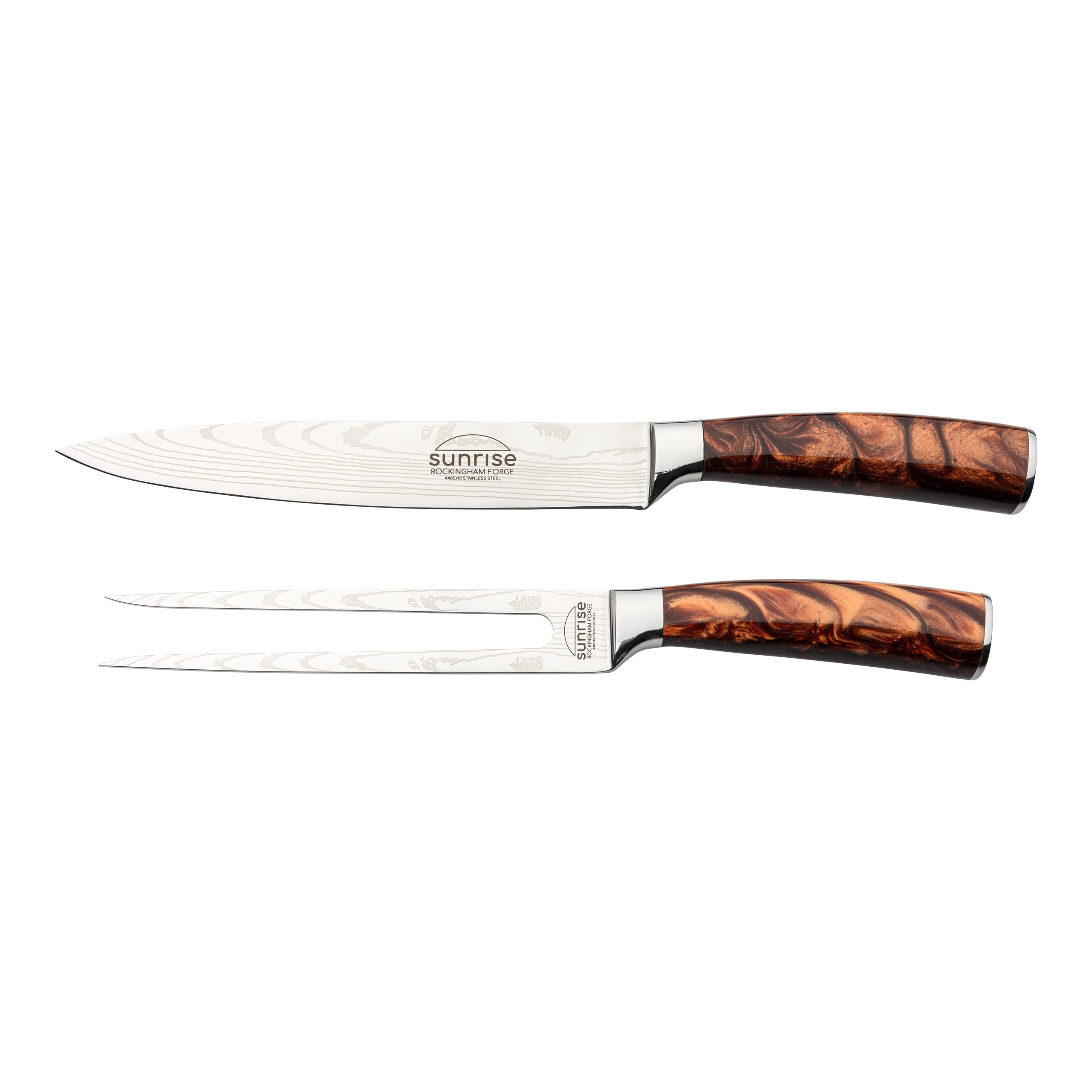 Rockingham Forge Sunrise Collection Carving Knife and Fork Set, Premium Stainless Steel with Resin Handles, Amber