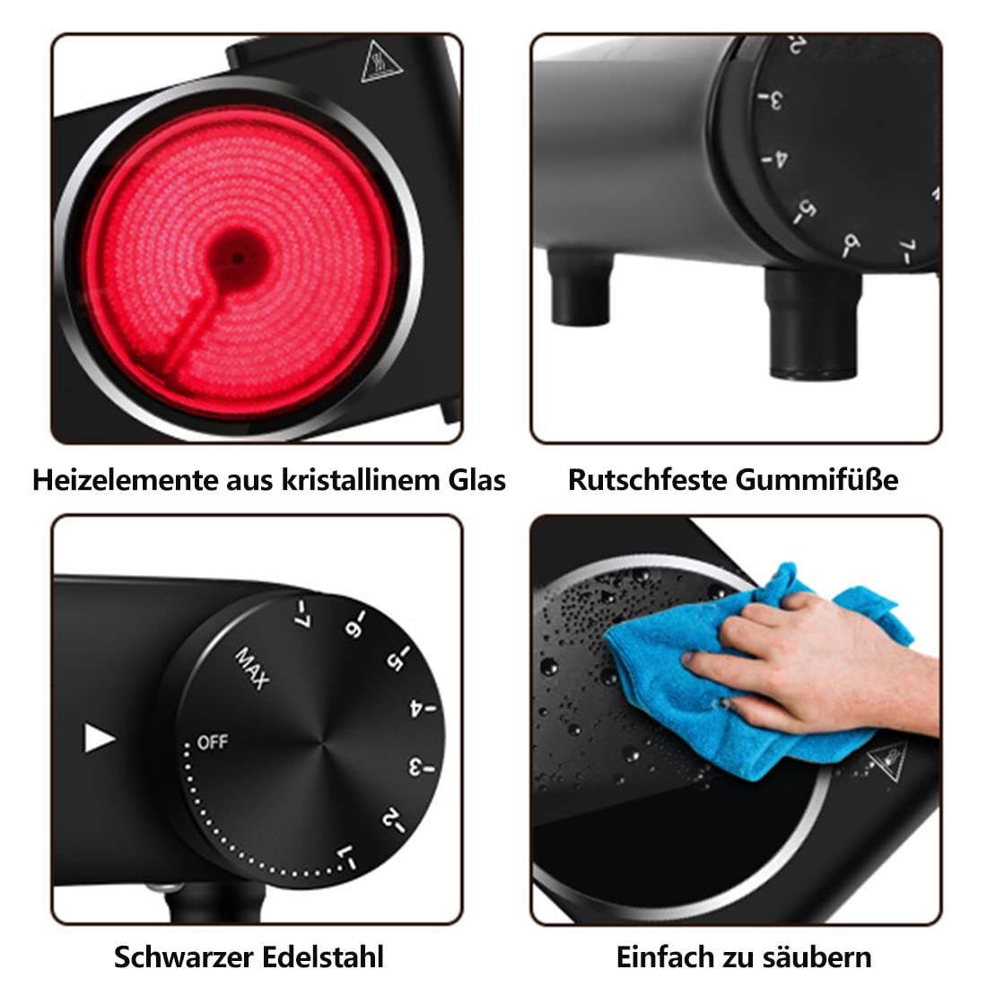 CUSIMAX Infrarot kochplatte 2er 1200W+1200W elektrisch herdplatte aus Glaskeramik, Tragbares doppel kochfelder mit Temperaturregelung für Outdoor/Indoor Use, für alle Topfarten, schwarzer Edelstahl