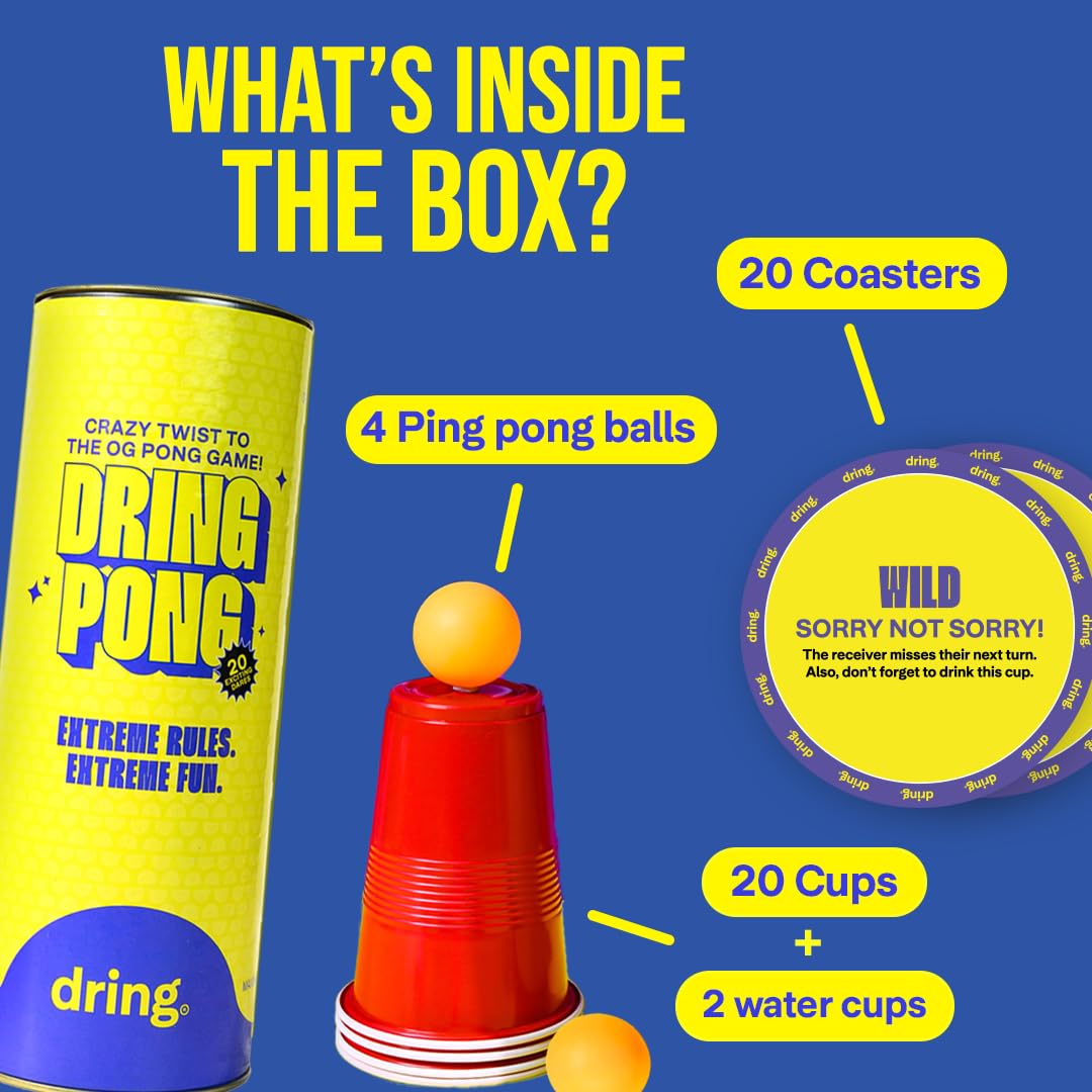 Dring Pong - Crazy Twist to The OG Pong-Game | All in One Set - 20 Coaster Dares, 22 Cups, 4 Balls | House Party Game for Adults | 2-12 Players | Perfect for Birthday, Bachelor & Gifts for Friends - Image 3 thumbnail