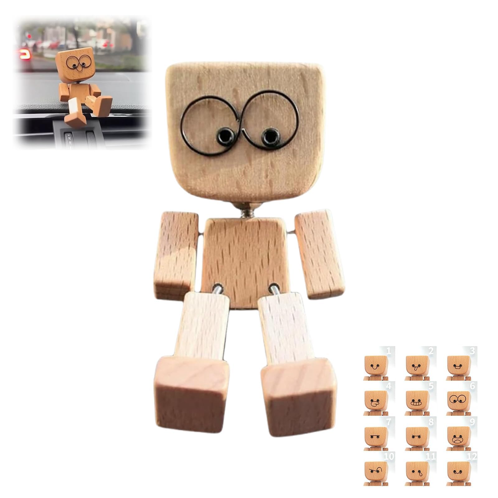 Wackelnder Holzmann Auto – Wackelfigur Mit 13 Magnetischen Ausdrücken, Schwingende Holzfigur Mit Beweglichen Füßen Für Armaturenbrett