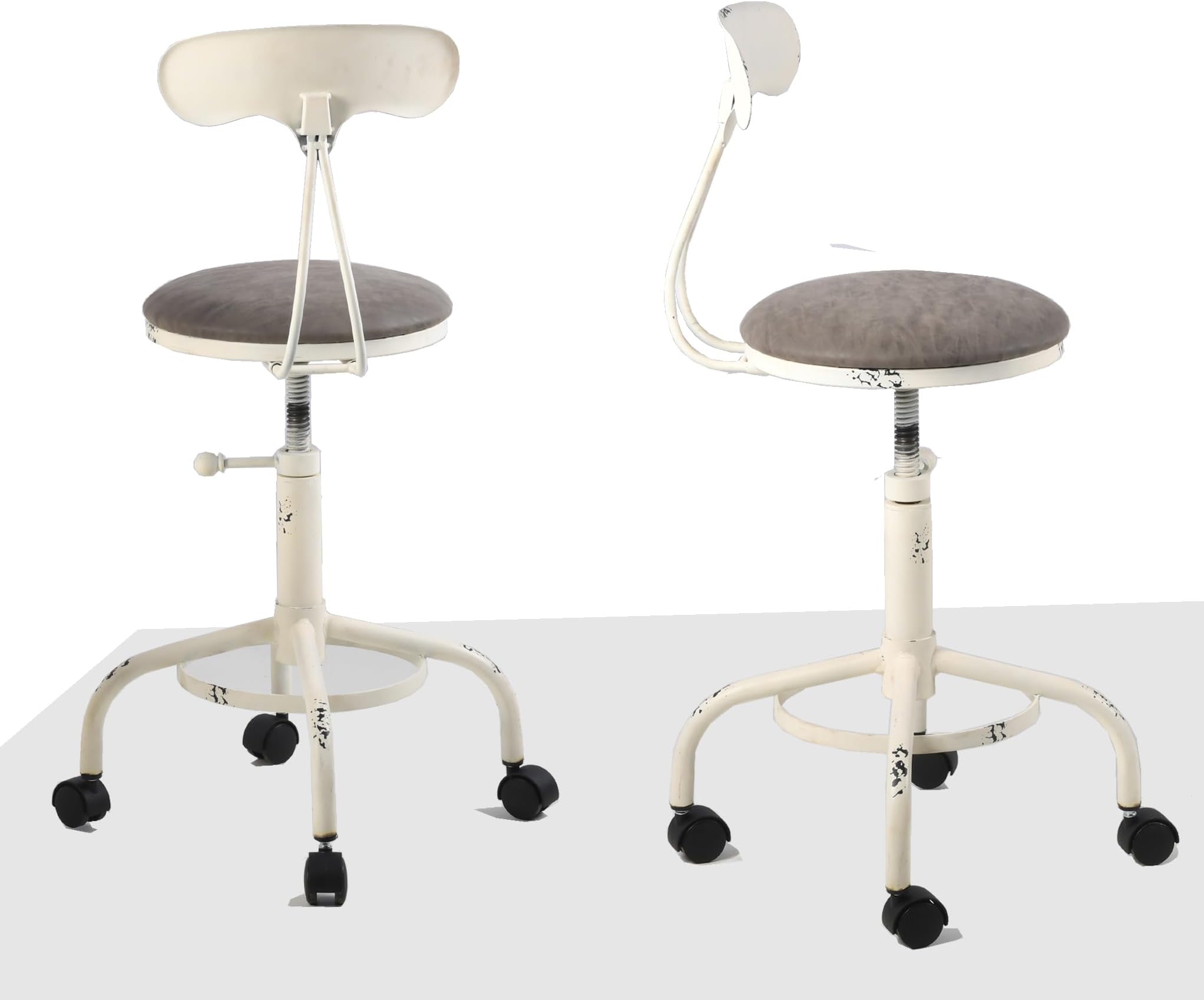 Topower Home Kitchen Stool, Industrial Counter Stool with Wheels, Height Adjustable Swivel Bar Stools Indoor House Design with Iron Backrest Antique White Set of 2