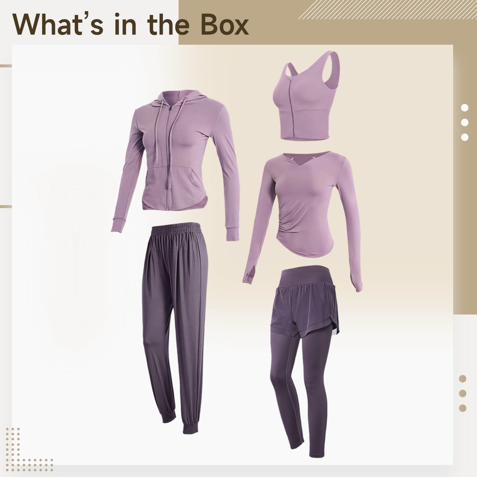 Conjunto de ropa deportiva para mujer, ropa de yoga de 5 piezas con camisetas de manga larga, tela transpirable y elástica, se adapta a 5 pies a 5 pies 11 pulgadas, 176 a 331 pulgadas, Gris y morado