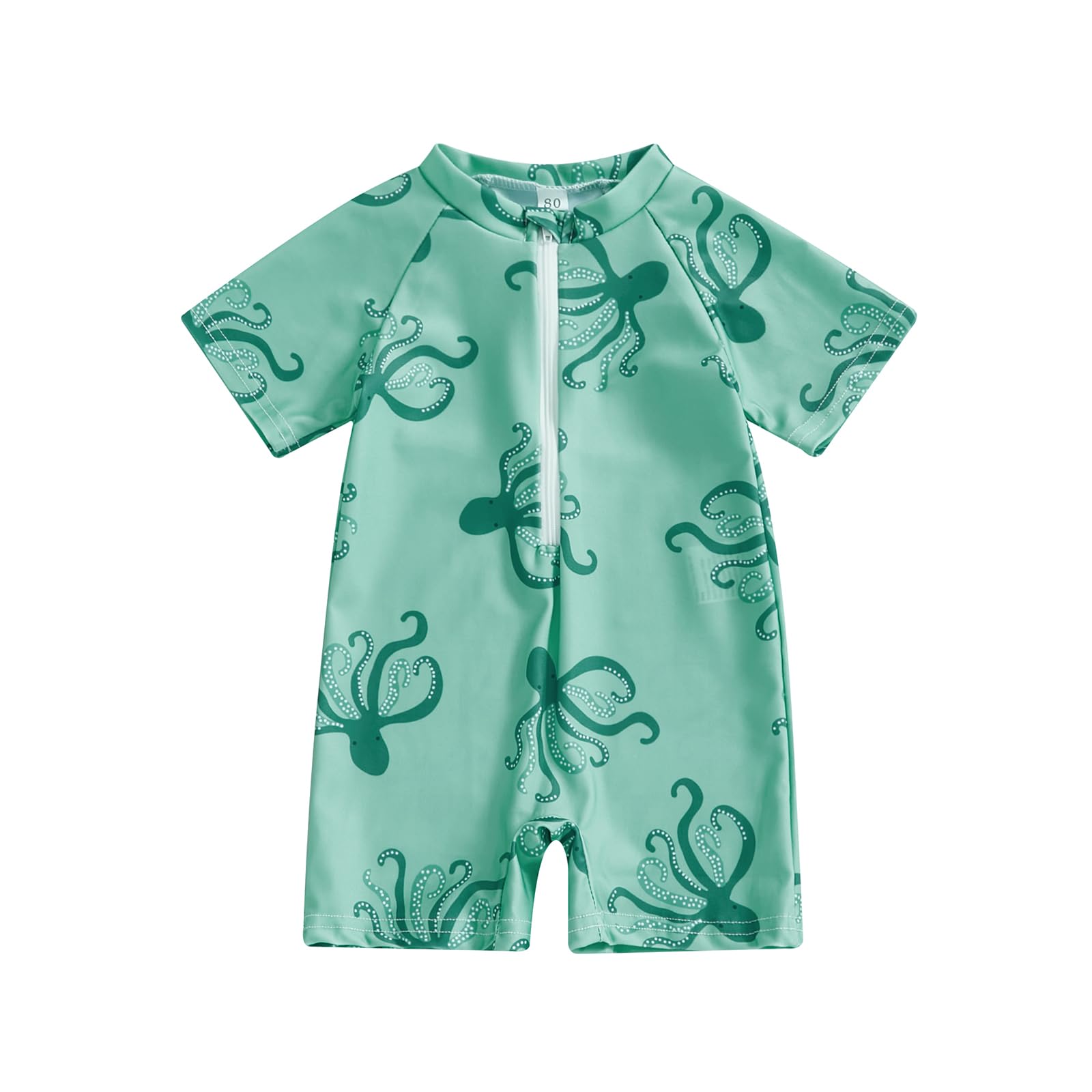 Toddler Baby Boy Swimsuit Turtle/Shark Print Short Sleeve Zip Up Rash Guard Swimwear Infant Summer One-Piece Bathing Suit (Green Octopus, 0-6 Months)