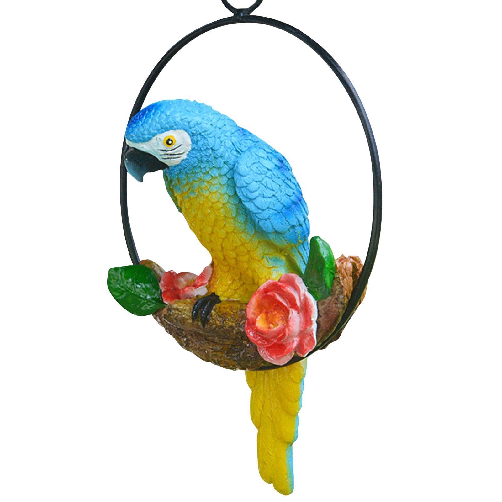 Tuxxjzm Garden Hanging Parrot Statue Perching Branch In Metal Round | Swinging Parrot Sculpture | Animal Model Figurine Sculpture Nature Lovers Tropical Bird Lawn Patio Home Sculpture Tree Decor