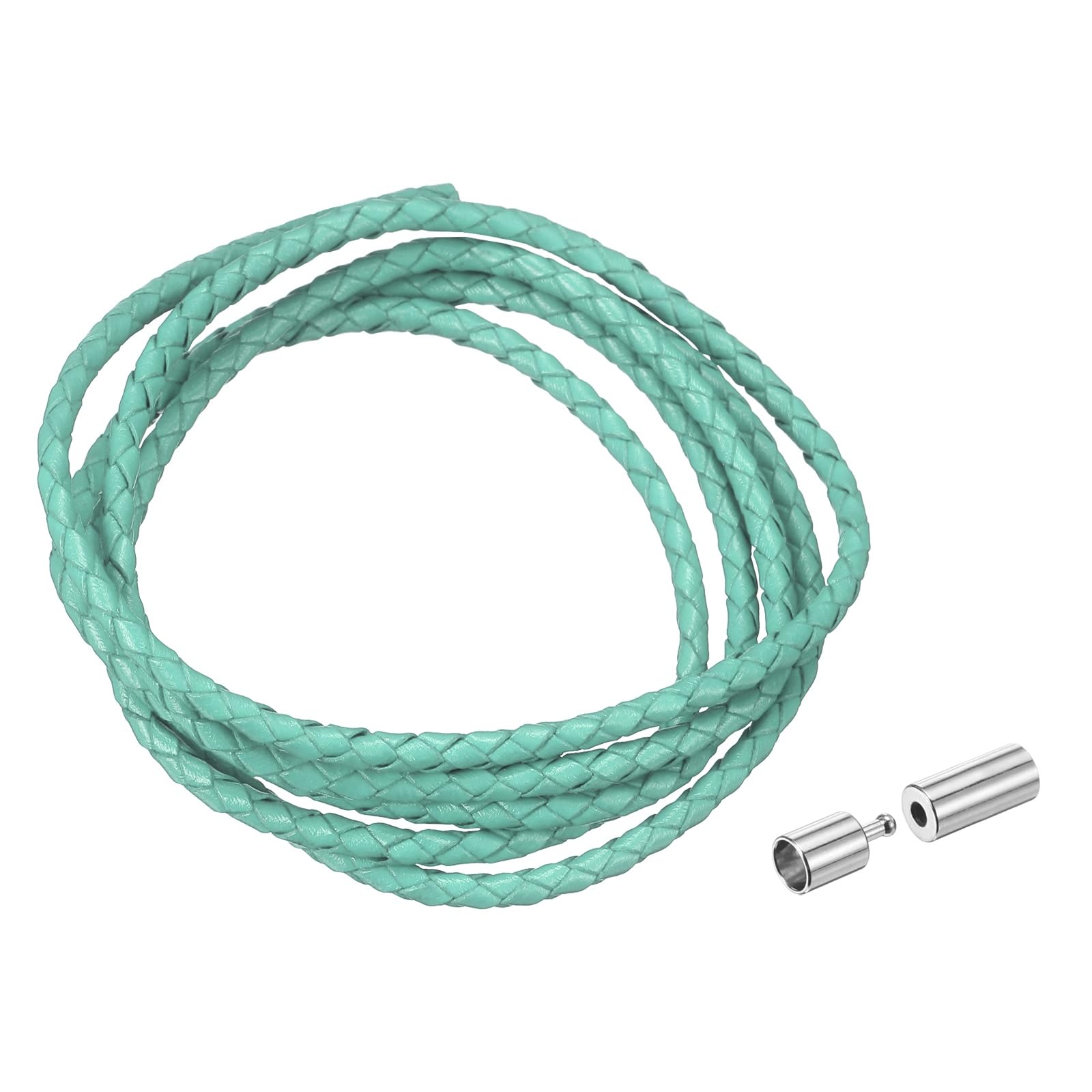 sourcing map Braided Genuine Leather Cord, 3mm 1.1 Yard Round Braiding String with Buttons, Leather Bolo Tie Cord for Crafting, Jewelry Making, Bracelets, Home Decoration, Mint Green