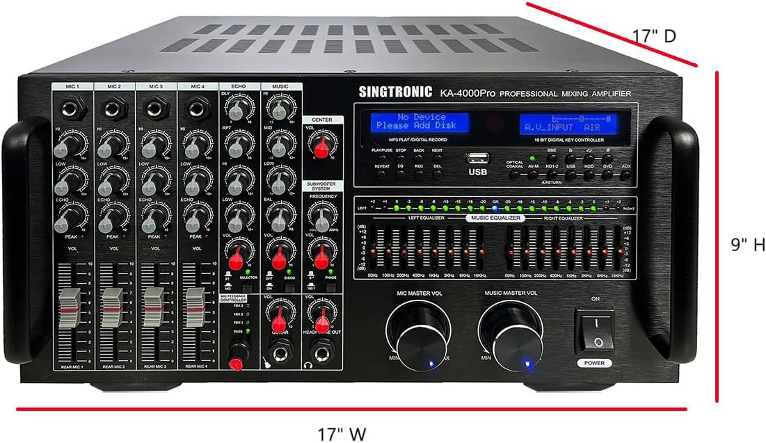 SINGTRONIC KA-4000Pro Professional DJ/KJ Digital Console 4000W DSP Mixing Amplifier Karaoke, HDMI Function, Recording Function, Equilizer Function, Bluetooth Function Send/Receive from Smart Devices