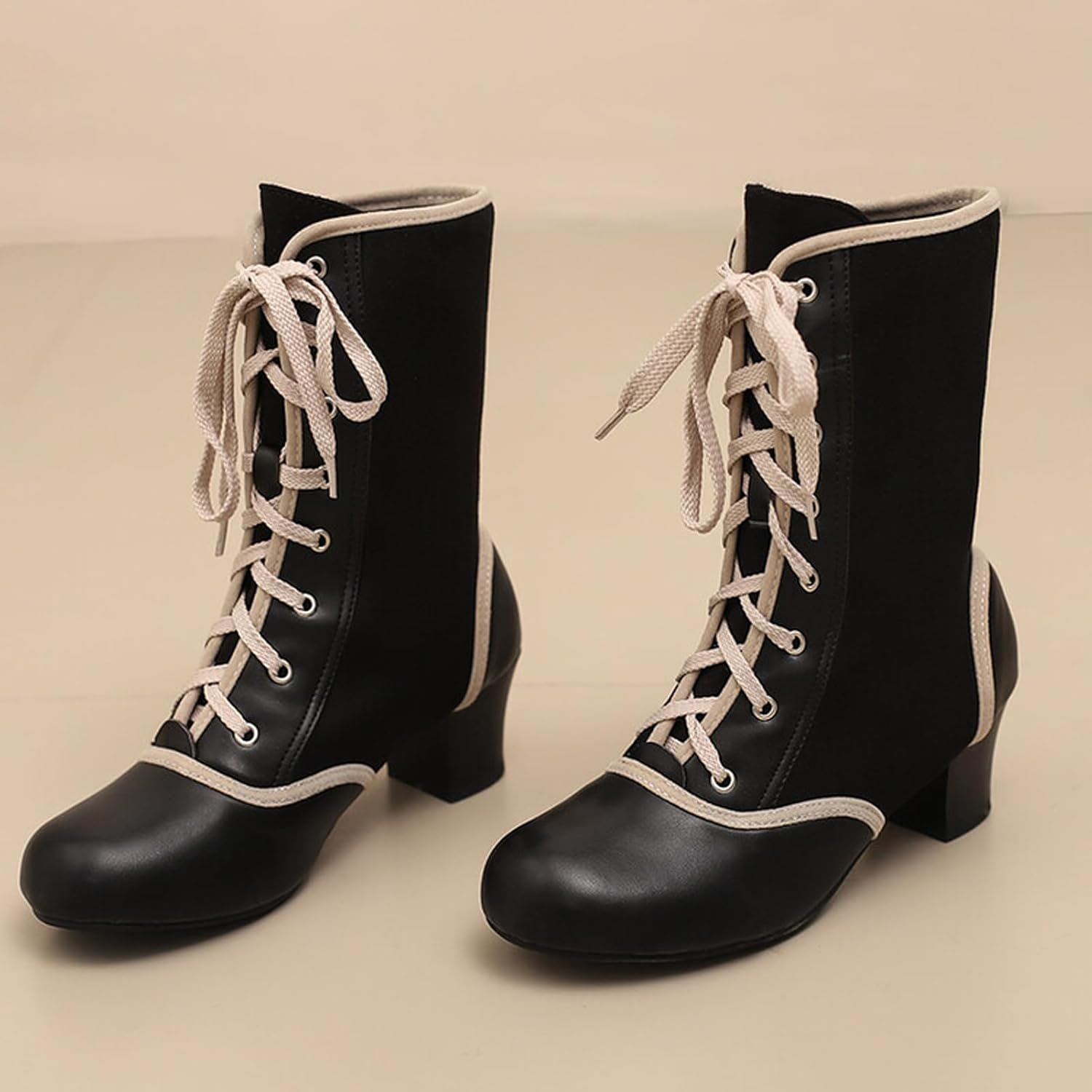 Alyaafifa Lace Up Block Heel Ankle Boots for Women Vintage Victorian Gothic Booties Closed Round Toe Suede Leather Mid Heel Short Boots Comfortable Retro Elegance