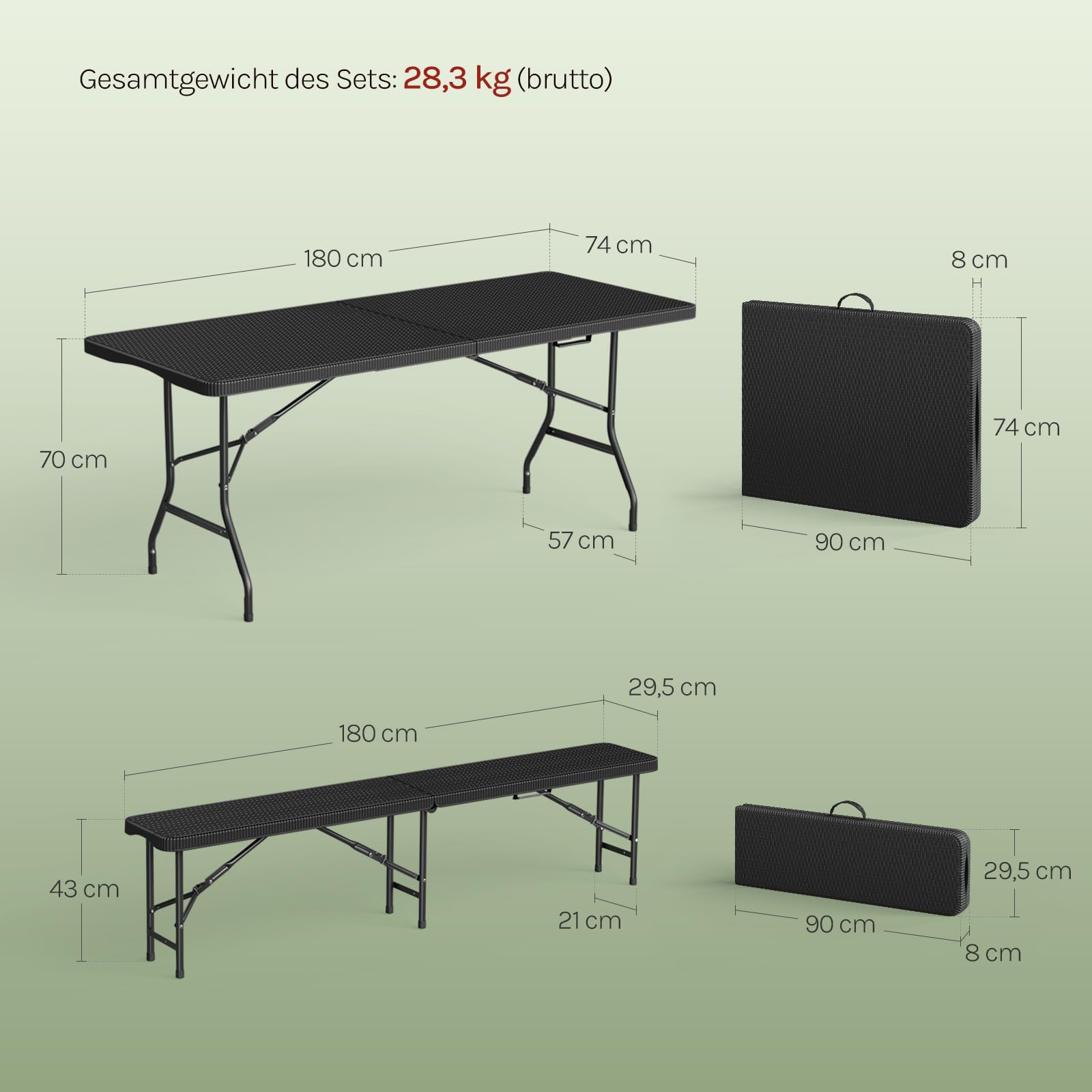 WOLTU Bierzeltgarnitur 3-teilig Campingtisch & 2 Bierbank mit Tragegriffe Biertischgarnitur Klappbar Biertisch & Bank Kunststoff, Wetterfest und Pflegeleicht, Festzeltgarnitur für Camping Biergarten