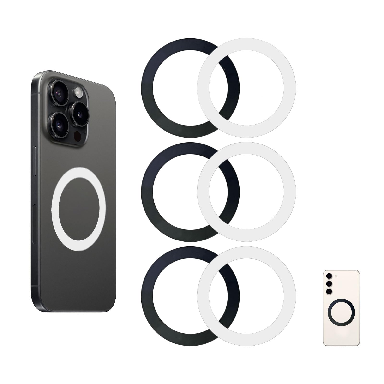 SEYUGOPTI 6 Stück Universal-Metallring-Aufkleber, Ring Magnet für MagSafe Wireless Autohalterung, Metall Magnet Ring für iPhone 17 16 15 14 Serie für Galaxy S25 S24 (Weiß+Schwarz)
