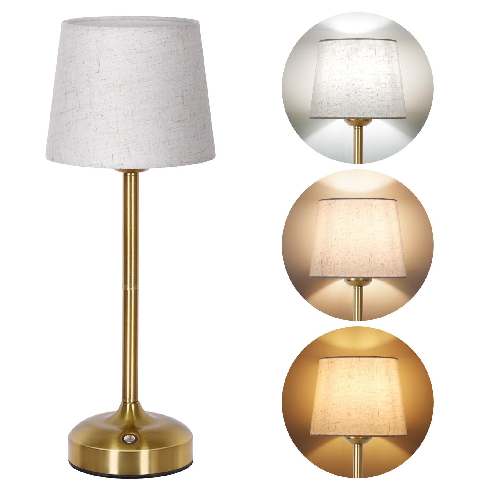 OUTON 40CM Cordless Dimmable Table Lamp with 3 Color Temperatures, 5200mAh Rechargeable Battery, Touch Bedside Lamp with Memory Function, Fabric Shade for Bedroom, Living Room, Dining, Patio (Gold)