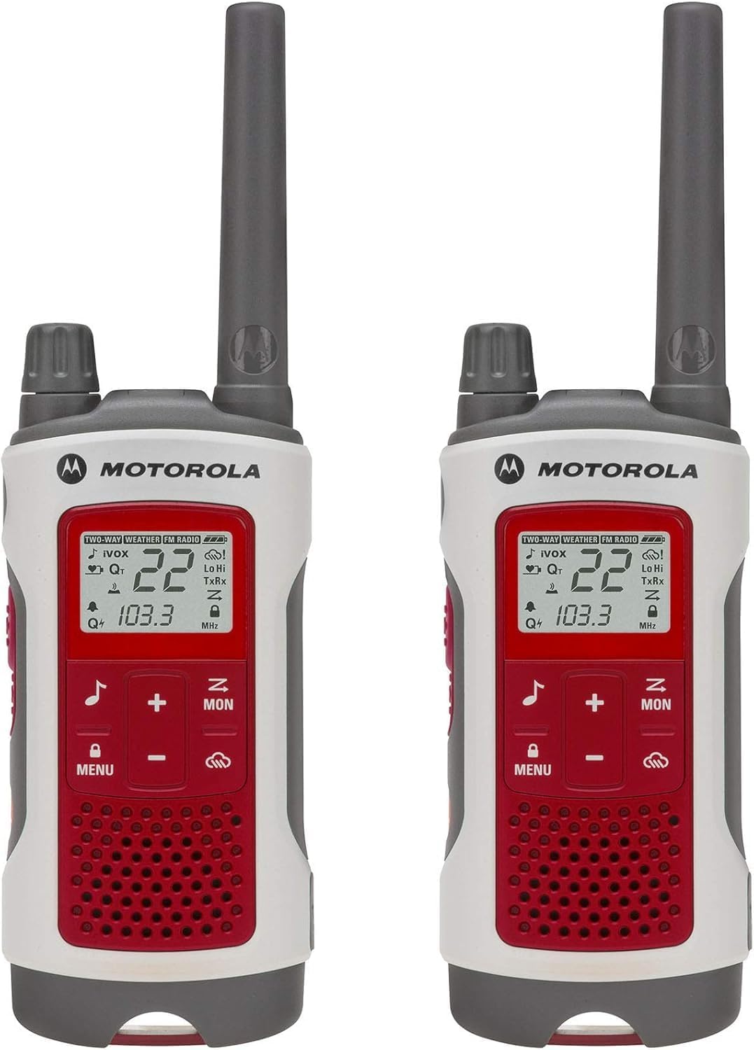 Motorola Solutions, Portable FRS, T482, Talkabout, Two-Way Radios, Red Cross, Emergency Preparedness, Rechargeable, 22 Channel, 35 Mile, White W/Red, 2 Pack