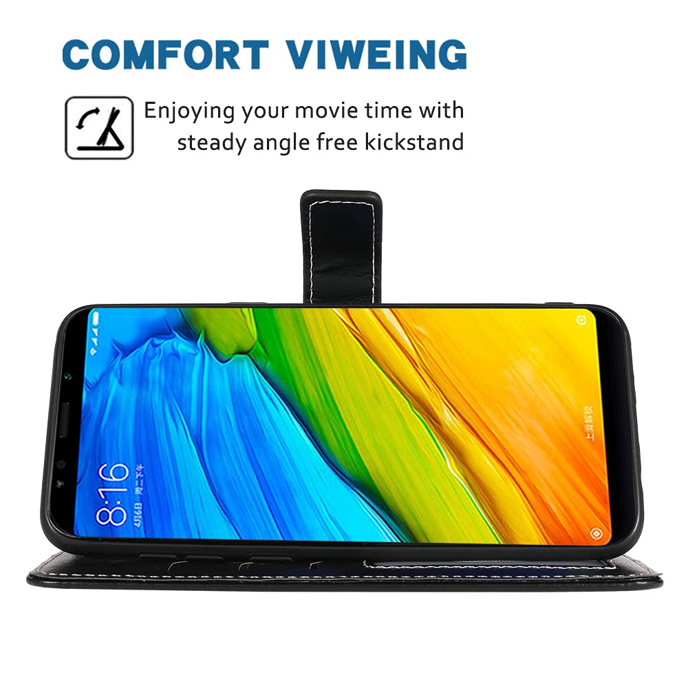 Compatible with Xiaomi Redmi Note 5 Wallet Case Wrist Strap Lanyard Leather Flip Cover Card Holder Stand Cell Accessories Phone Cases for Xiami Xiomis Xiome Xiomi Redmi notet5 Black