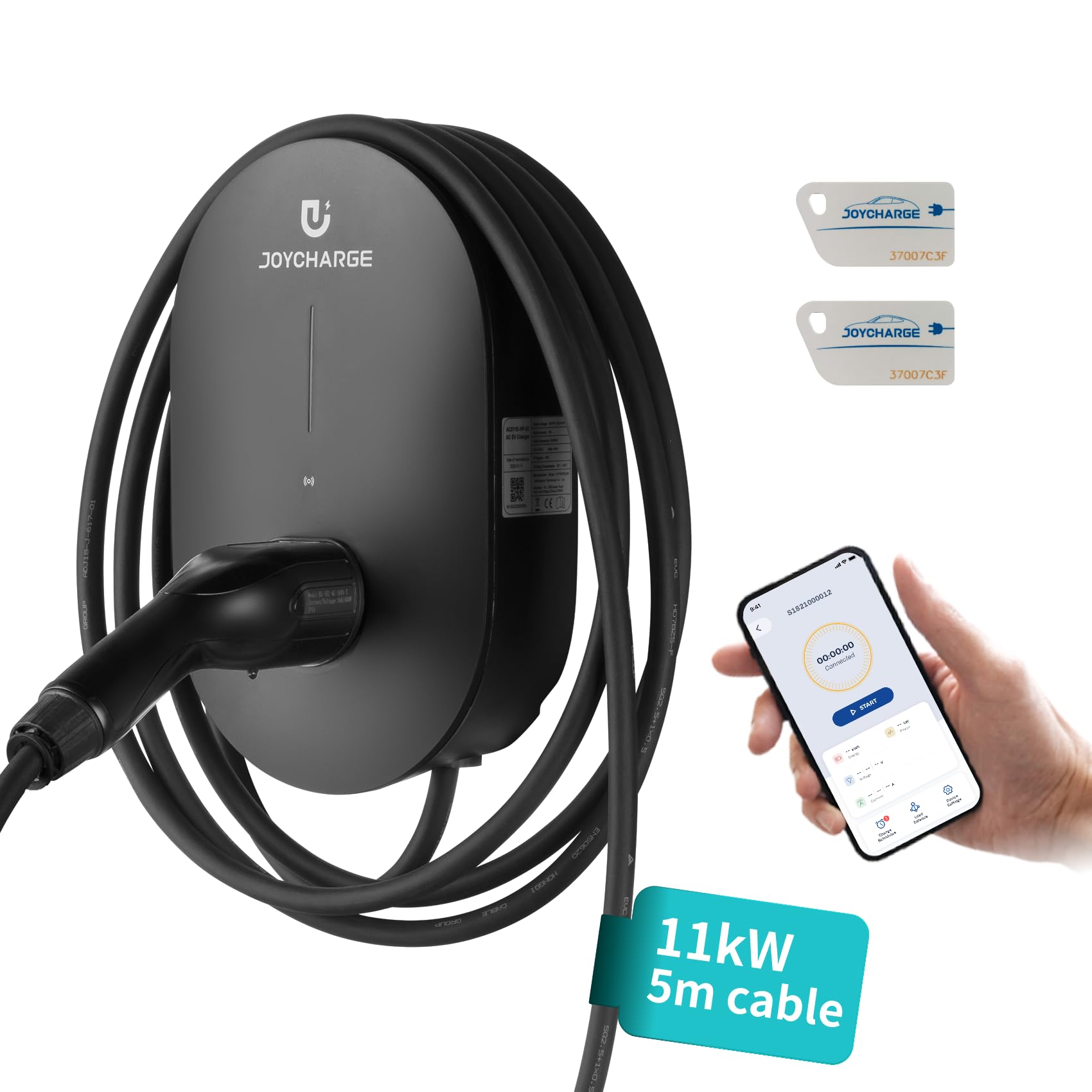 JOYCHARGE Wallbox 11 kW with App, EV Charging Station with Type 2 Charging Cable, 5 Metres, 16 A for Electric, IP55 EV Charger with 3-Phase Plug, EV Charging Station with WLAN and Bluetooth Connection