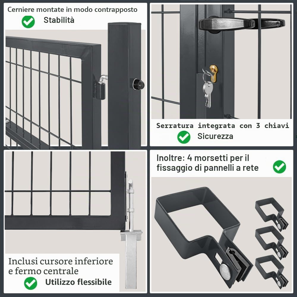 Cancello da giardino 300 x 100 cm, doppia anta in metallo, porta da giardino per asta e recinzione, con serratura, include paletti grigi