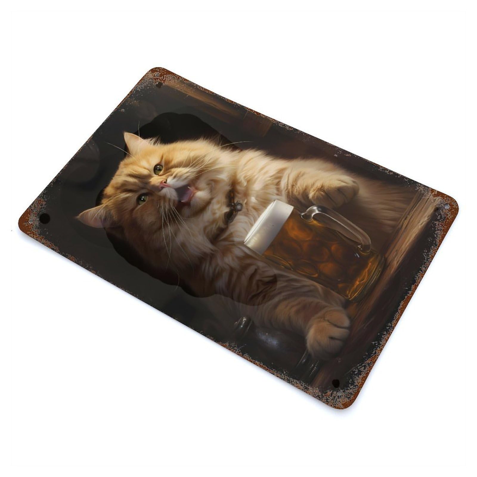 Fat Cat Happy Beer Bar Pub Vintage Wall Sign 11.8"x7.9", Rust Effect Metal Decor for Farmhouse, Kitchen And Entryway Decor